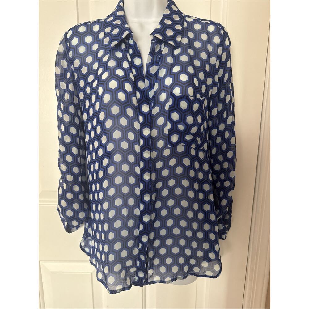 Diane Von Furstenberg Shirt 100% Silk Button Up Sheer Geometric Size 6 Blouse